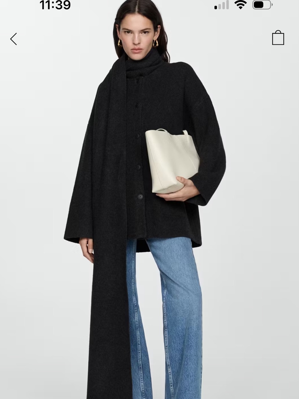 Mango Charcoal Straight-Leg Coat with Long Scarf Detail